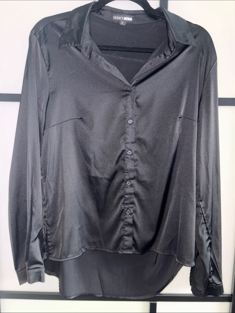 Fashion Nova Smooth Talkin Button-Down Satin Shirt in Black